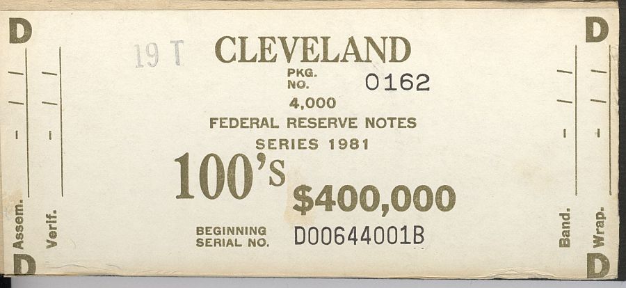 Fr.2169-D, BEP $400,000 Brick Packaging Label, 1981 Cleveland $100 FRNs, D-B Block